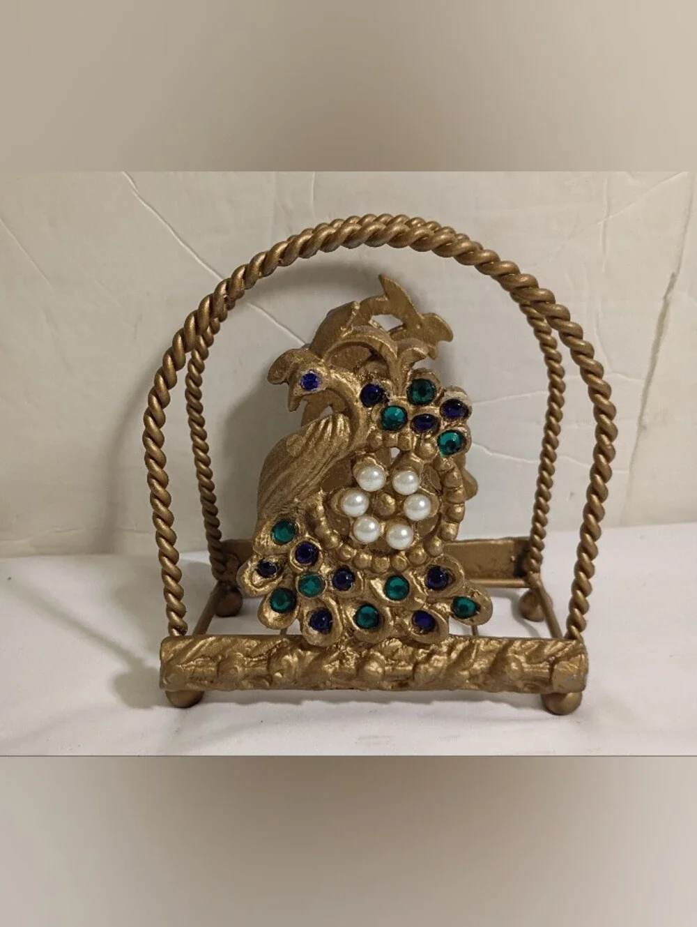 Vtg '60s Hollywood Regency Jeweled Peacock Vanity Tray & Letter Holder Set Gold